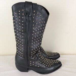 Vintage Y2K Black Leather Silver Studded Rocker Punk Dingo Cowboy Boots 9